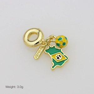Detail of 18K gold plated Brazil soccer charm with green enamel football and map pendant