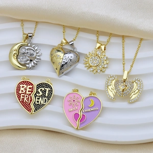 Magnetic Separable Sun Moon Heart Pendant Necklace For Couples Best Friends Copper Rhinestone Heart Wings Pendant Only