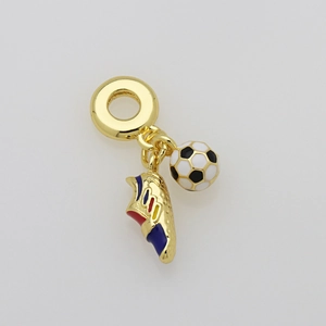 Detail of 18K gold-plated soccer ball and shoe charm with colorful enamel on snake chain