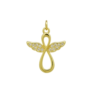Detalle del colgante de alas de ángel e infinito con circonitas brillantes en oro de 18K