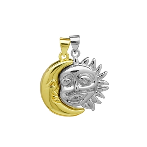 Detailed view of bicolor magnetic sun and moon pendant with sun face and golden crescent