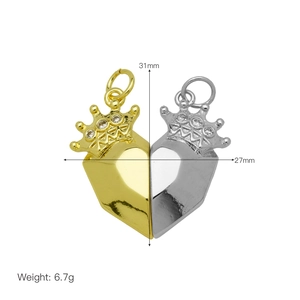 Detail showing dimensions of magnetic sun moon heart pendants with crown design and zircons