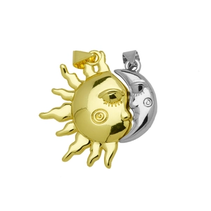 Detail of sun and moon magnetic pendants with zircon wings and engraved facial features
