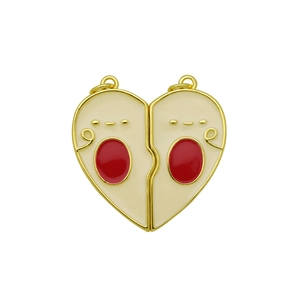 Detail of magnetic heart sun and moon pendants with red and white enamel finish