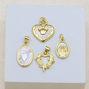 Elegant gold-plated shell pendants featuring heart designs and a religious icon relief