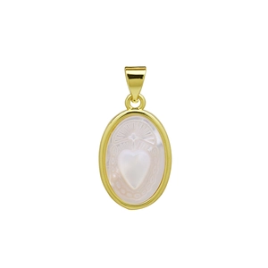 Detailed view of oval shell pendant with heart relief and polished gold frame