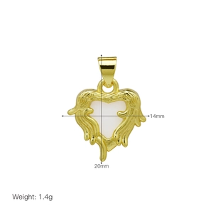 Detailed view of a gold heart pendant with white inlay and dimensions of 20mm by 14mm