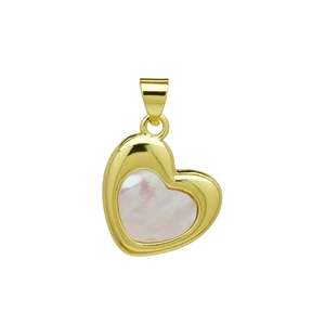 Detailed close-up of heart-shaped gold pendant with iridescent pink shell inlay