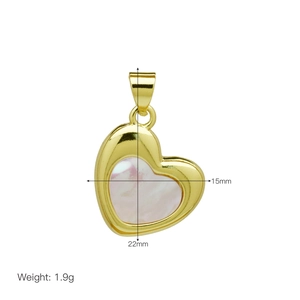 Detailed view of pink shell heart pendant with dimensions showing 22mm height and 15mm width