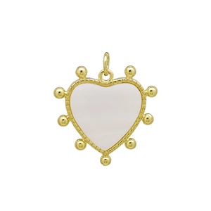 Detailed close-up of a heart pendant with white inlay and beaded gold edges