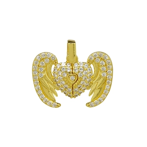 Close-up detail of golden heart wings pendant with sparkling zircon stone pavé setting