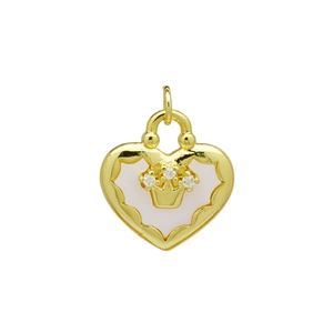 Detail of a heart-shaped golden pendant with white enamel inlay and a tiny crown with zircons