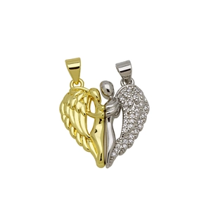 Detail of two-tone magnetic heart pendant with angel wings and pave cubic zirconia stones