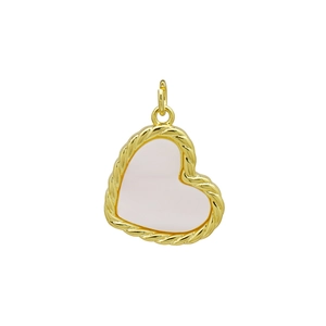 Detail showing pink heart pendant with golden rope edge texture and top bail