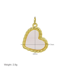 Detail of pink heart pendant with gold twist border showing 17mm and 24mm dimensions