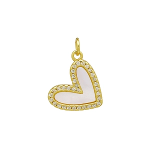 Detail of heart pendant with shell inlay and sparkling pavé crystal border in gold