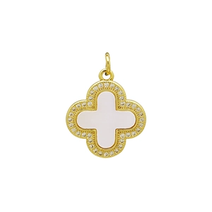 Macro view of gold-plated clover cross pendant with white shell and sparkling zircons