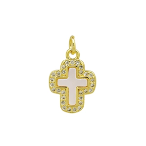Close-up of gold-plated cross pendant with white enamel center and sparkling crystals