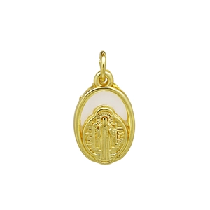Close-up of golden oval religious pendant with white shell inlay and saint figure