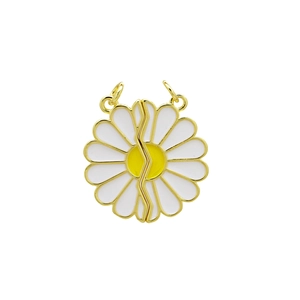 Detail of two-piece magnetic daisy pendant with white enamel petals and gold plating
