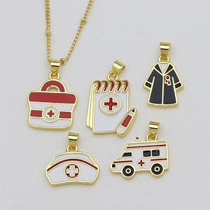 Enamel Medical Necklace Pendant For Doctors Nurses Gold Plated Copper Ambulance First Aid Kit Heart Nurse Hat Jewelry