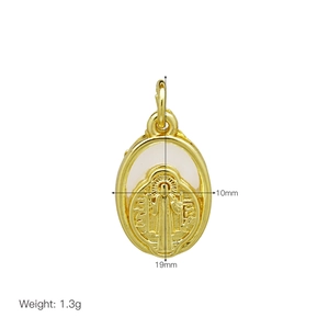 Saint Benedict gold oval pendant details showing 19mm height and 10mm width dimensions