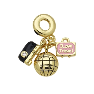 Travel theme gold pendant with enamel camera, globe and I Love Travel suitcase charm