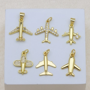 18K gold plated airplane pendant set with zircon stones for DIY necklaces and jewelry