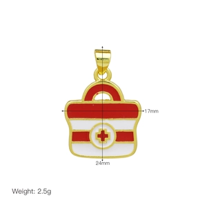Detail view of first aid kit pendant with red cross enamel and measurements 17x24mm