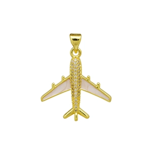 Detail of 18K gold-plated airplane pendant featuring zircon stones and pink enamel wings