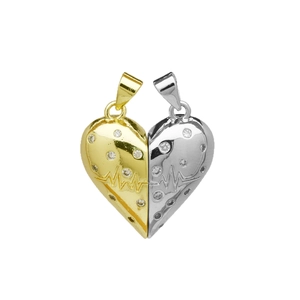 Two-tone heart pendant with sun moon magnets and zircon inlaid heartbeat pattern