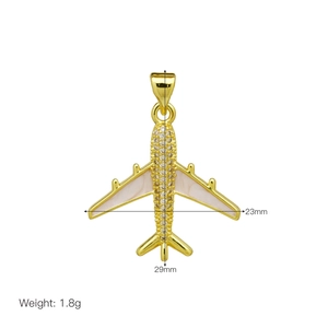 Detailed view of airplane pendant in 18K gold plated copper with zircon and dimensions