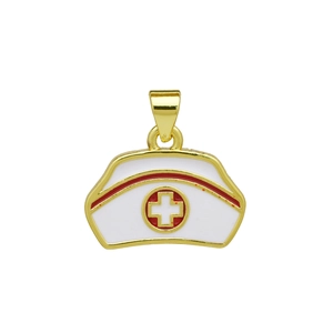 Detail of white enamel nurse hat pendant with red cross and golden metal borders