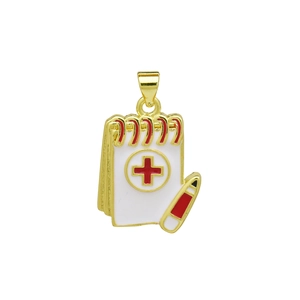 Detail of a medical notebook pendant with a red cross and gold-plated enamel finish