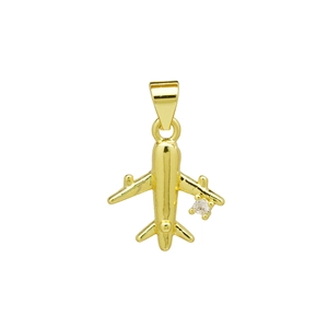 Detailed view of an 18K gold plated airplane pendant with a sparkling cubic zirconia stone