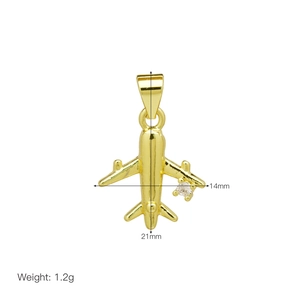 Detailed view of airplane pendant with dimensions 14mm by 21mm in gold finish