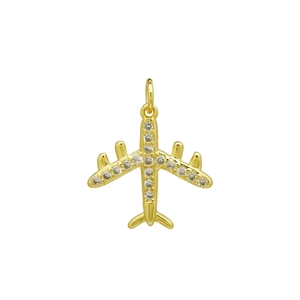 Detail view of 18K gold plated airplane pendant with sparkling zircon stones