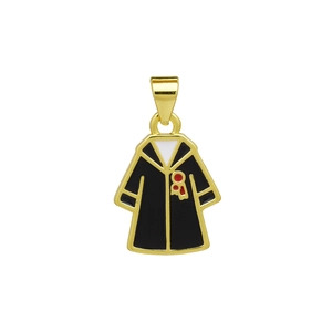 Detailed close-up of a graduation gown enamel pendant with gold trim and red medal accent