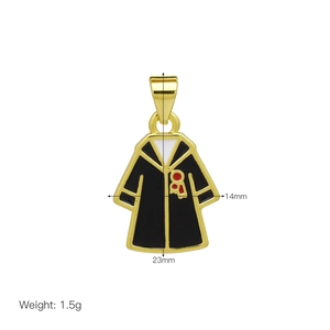 Macro view of gold academic robe pendant with size markings and weight details