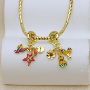 18K gold plated snake chain bracelet with music themed colorful drip oil charms