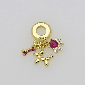 Golden charm pendant with balloon dog, pink zircon bar, and red heart flower detail