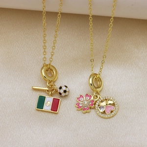 18K gold plated necklace set with Mexico flag, soccer ball, and pink enamel flower charms