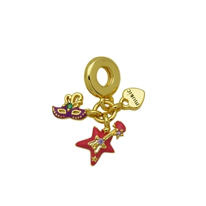 18K gold charm with purple mask, red star guitar, and heart music pendant for bracelets