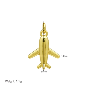 Detailed view of 18K gold plated airplane pendant with size labels and weight info