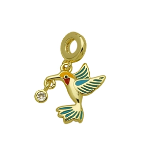 Detailed close-up of a hummingbird charm with blue enamel wings and a sparkling zircon stone
