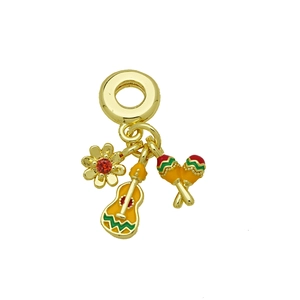 Detail view of 18K gold-plated guitar, flower, and maracas charms with colorful enamel