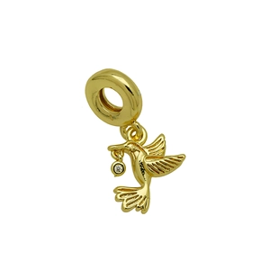 Detailed view of a golden hummingbird pendant with crystal accent and large bail ring