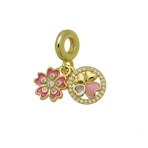 Detail of 18K gold plated charm with pink enamel cherry blossom and clover pendant