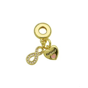 Detail of 18K gold charm with infinity symbol and heart pendant engraved with Forever