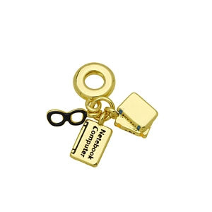 Detailed 18K gold plated charm featuring a miniature laptop, glasses, and books stack